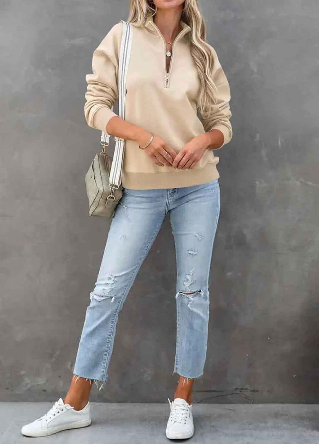 Dressmine Womens Quarter Zip Pullover Casual Long Sleeve Shirts Half Zip Sweatshirt Trendy Clothes