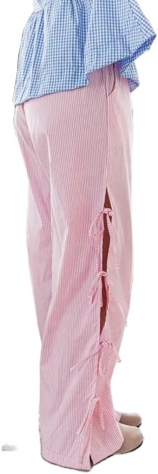 DSORVICD Women Y2k Striped Lounge Pants Casual Drawstring Elastic Waist Wide Leg Pajamas Pants Loose Fit Going Out Trousers