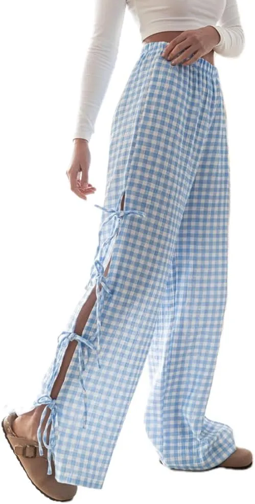 DSORVICD Women Y2k Striped Lounge Pants Casual Drawstring Elastic Waist Wide Leg Pajamas Pants Loose Fit Going Out Trousers