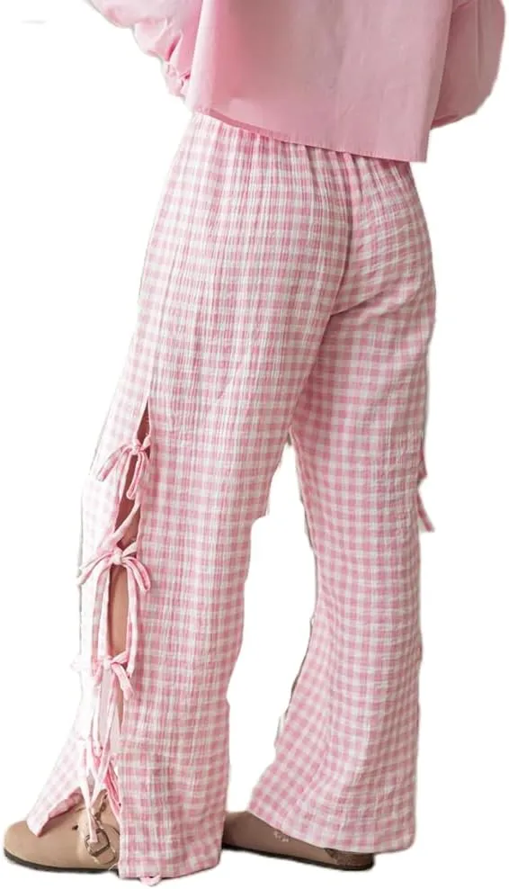 DSORVICD Women Y2k Striped Lounge Pants Casual Drawstring Elastic Waist Wide Leg Pajamas Pants Loose Fit Going Out Trousers