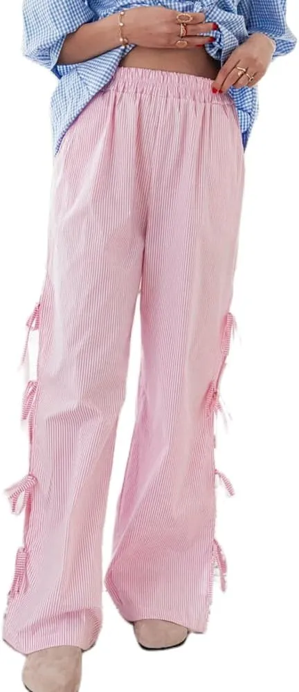 DSORVICD Women Y2k Striped Lounge Pants Casual Drawstring Elastic Waist Wide Leg Pajamas Pants Loose Fit Going Out Trousers