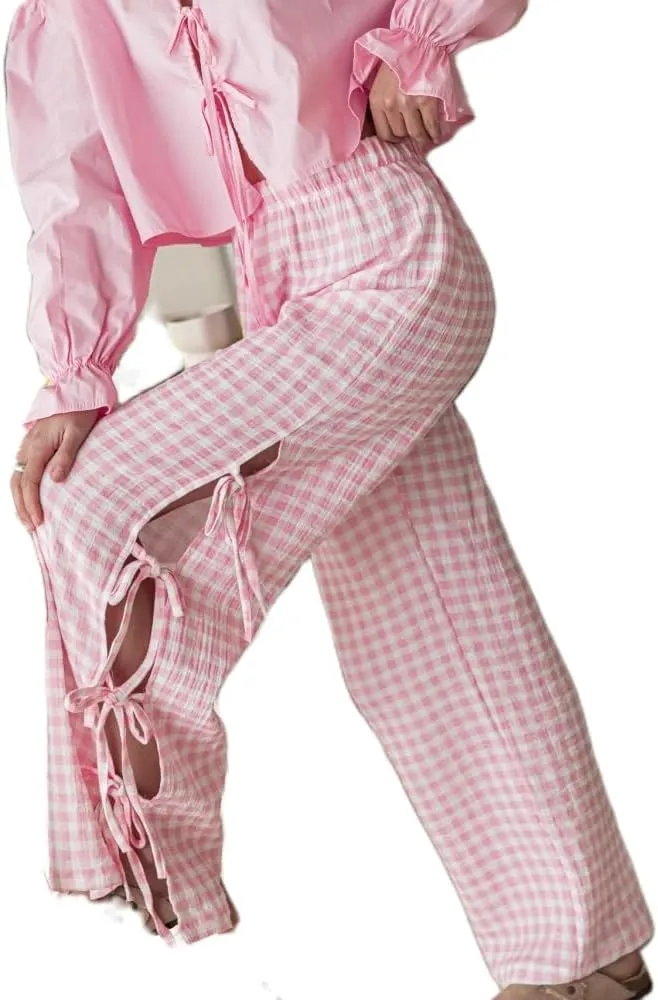 DSORVICD Women Y2k Striped Lounge Pants Casual Drawstring Elastic Waist Wide Leg Pajamas Pants Loose Fit Going Out Trousers
