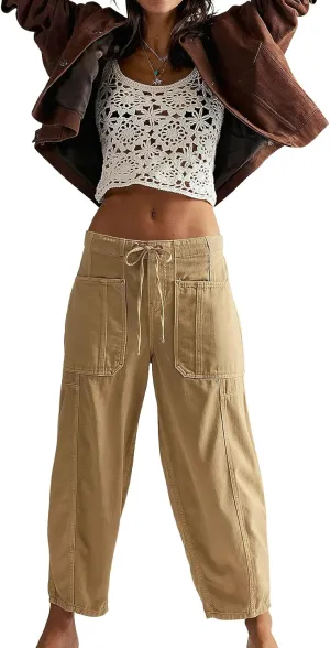 ebossy Barrel Jeans for Women Elastic Waist Baggy Loose Boyfriend Cropped Denim Pants with Drawstring