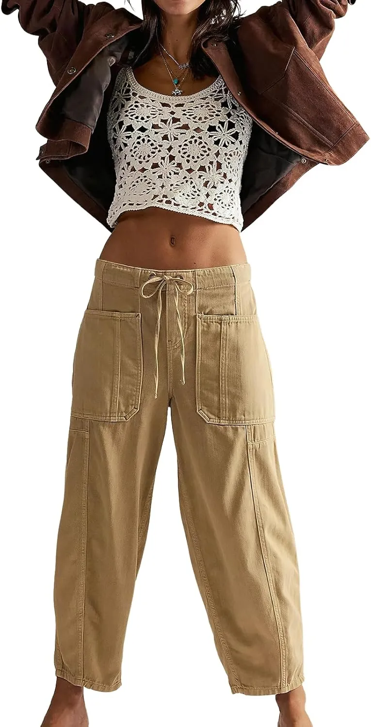ebossy Barrel Jeans for Women Elastic Waist Baggy Loose Boyfriend Cropped Denim Pants with Drawstring