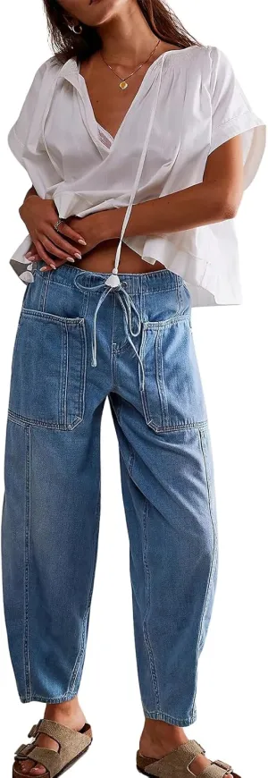 ebossy Barrel Jeans for Women Elastic Waist Baggy Loose Boyfriend Cropped Denim Pants with Drawstring