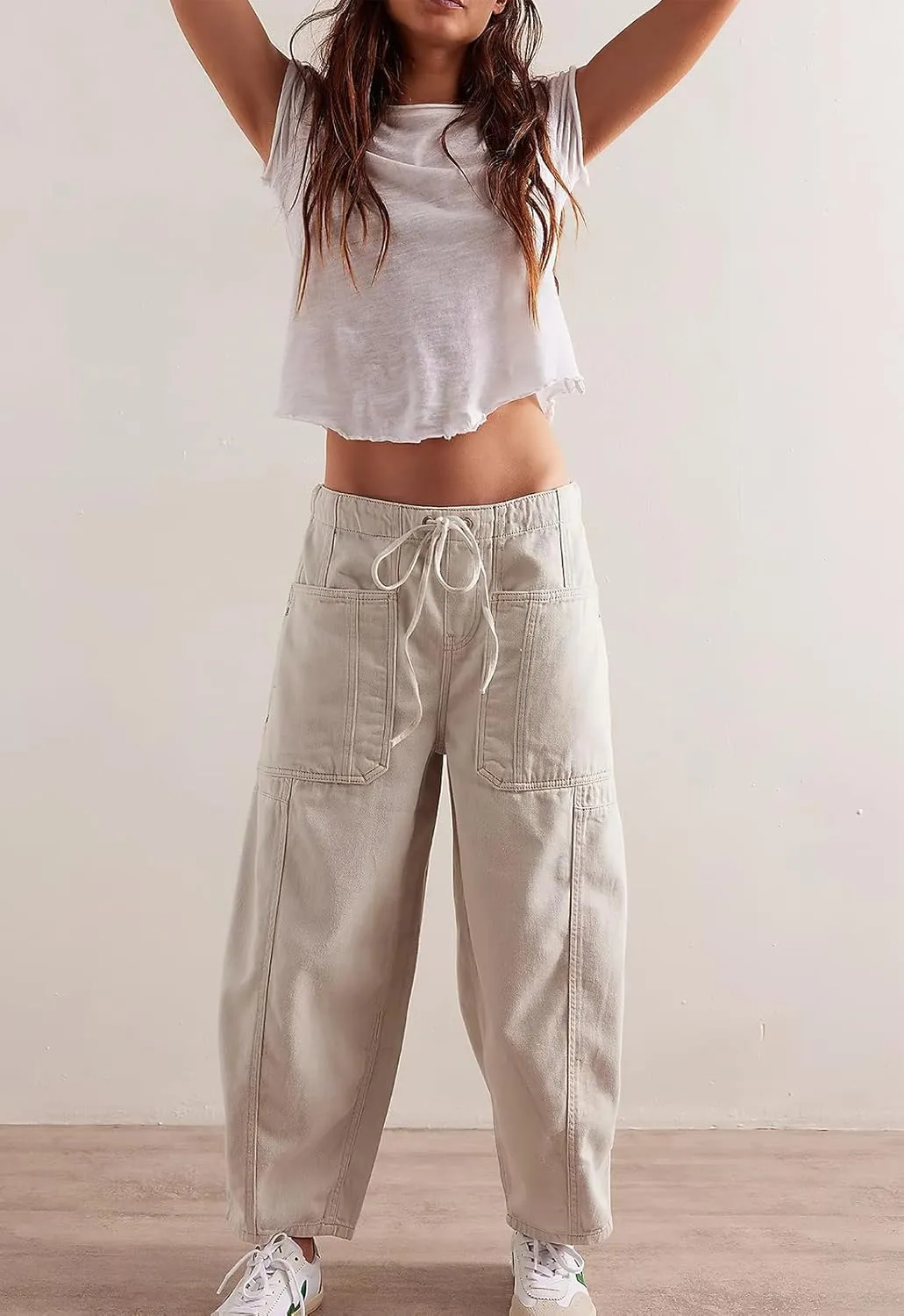 ebossy Barrel Jeans for Women Elastic Waist Baggy Loose Boyfriend Cropped Denim Pants with Drawstring