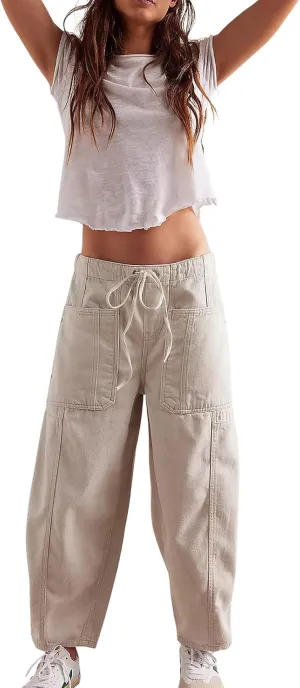 ebossy Barrel Jeans for Women Elastic Waist Baggy Loose Boyfriend Cropped Denim Pants with Drawstring