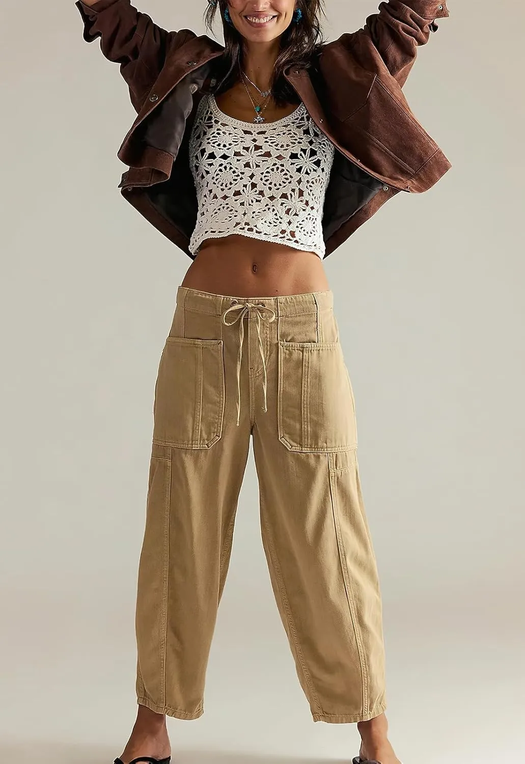ebossy Barrel Jeans for Women Elastic Waist Baggy Loose Boyfriend Cropped Denim Pants with Drawstring