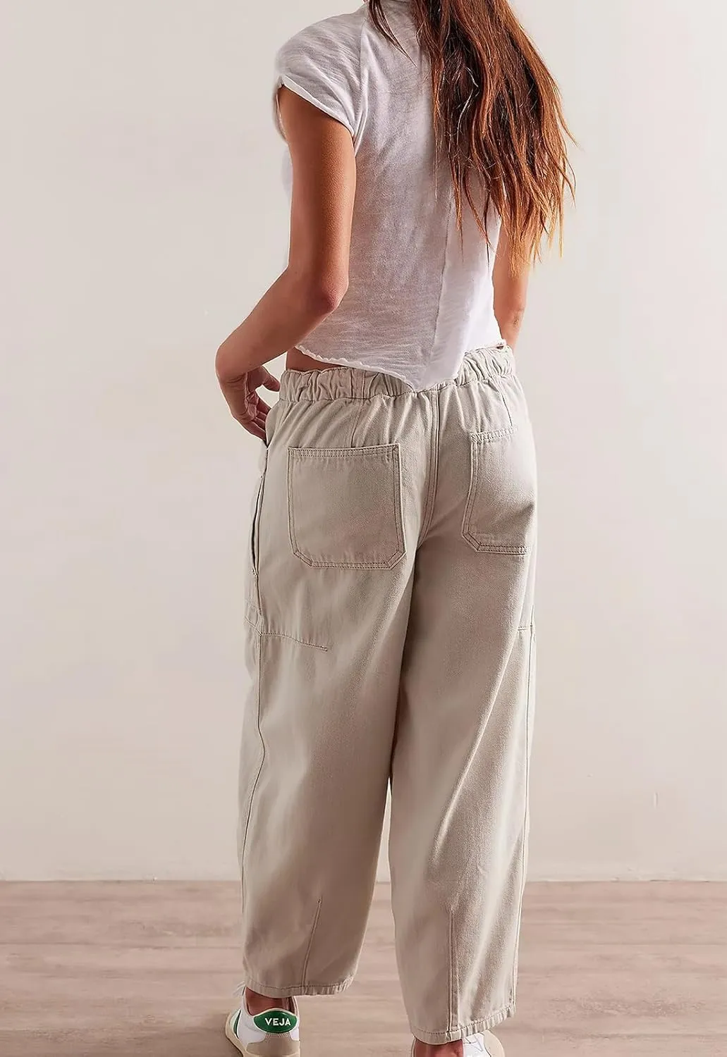 ebossy Barrel Jeans for Women Elastic Waist Baggy Loose Boyfriend Cropped Denim Pants with Drawstring