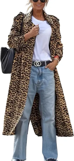 ebossy Women's Fashion Lapel Leopard Print Duster Trench Coat Open Front Slouchy Loose Wool Mid Long Peacoat