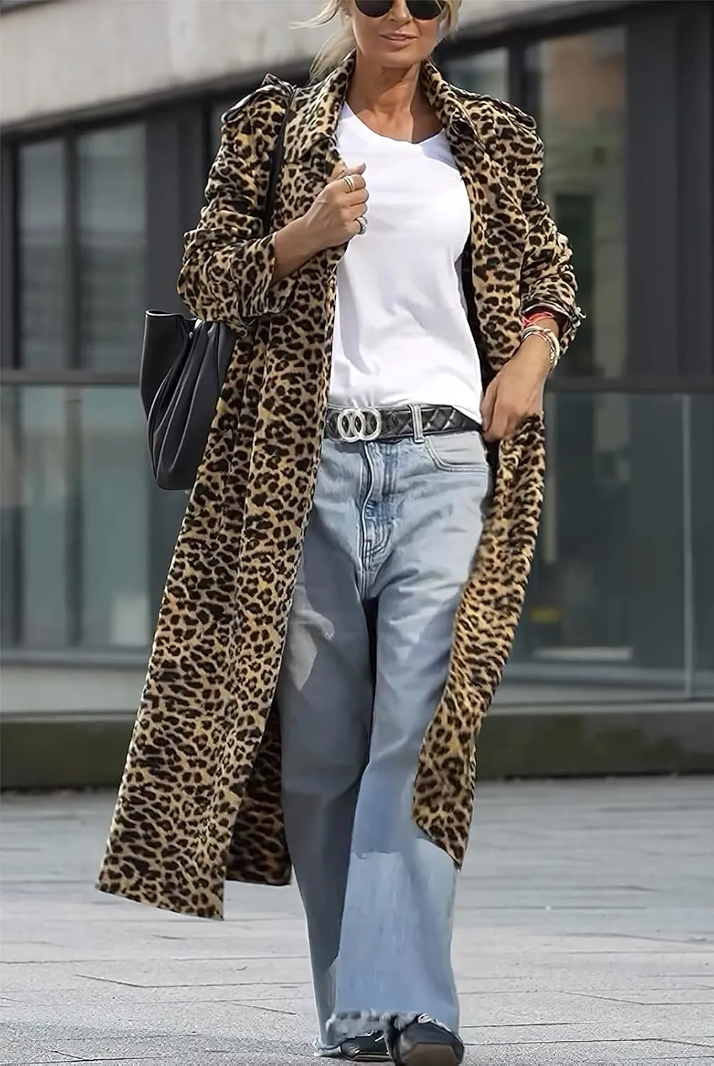 ebossy Women's Fashion Lapel Leopard Print Duster Trench Coat Open Front Slouchy Loose Wool Mid Long Peacoat