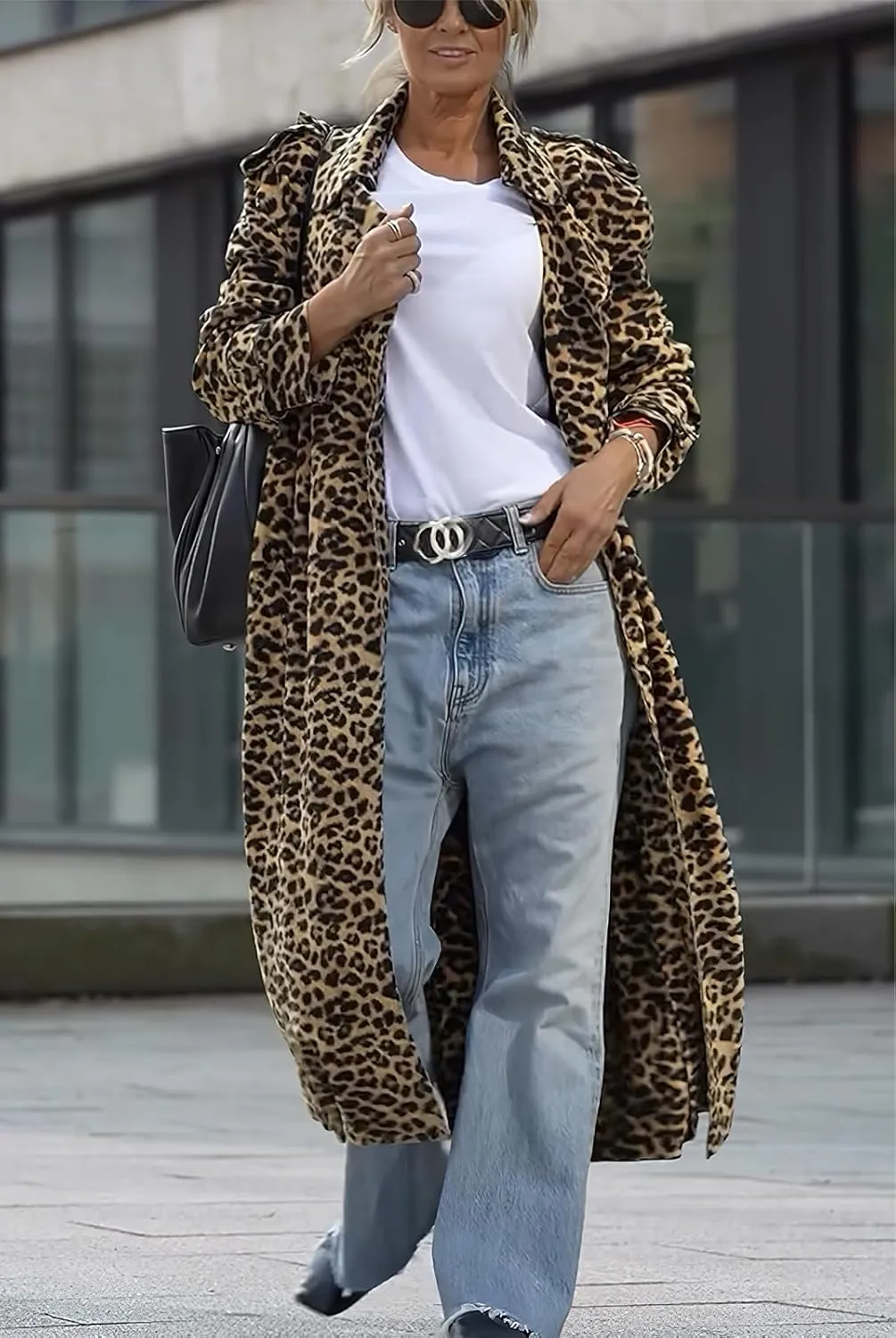 ebossy Women's Fashion Lapel Leopard Print Duster Trench Coat Open Front Slouchy Loose Wool Mid Long Peacoat