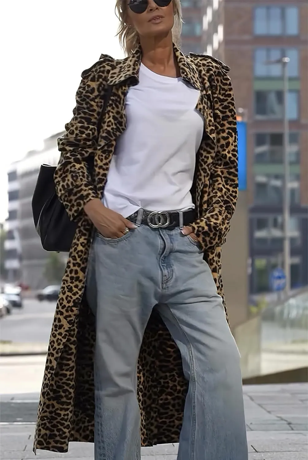 ebossy Women's Fashion Lapel Leopard Print Duster Trench Coat Open Front Slouchy Loose Wool Mid Long Peacoat