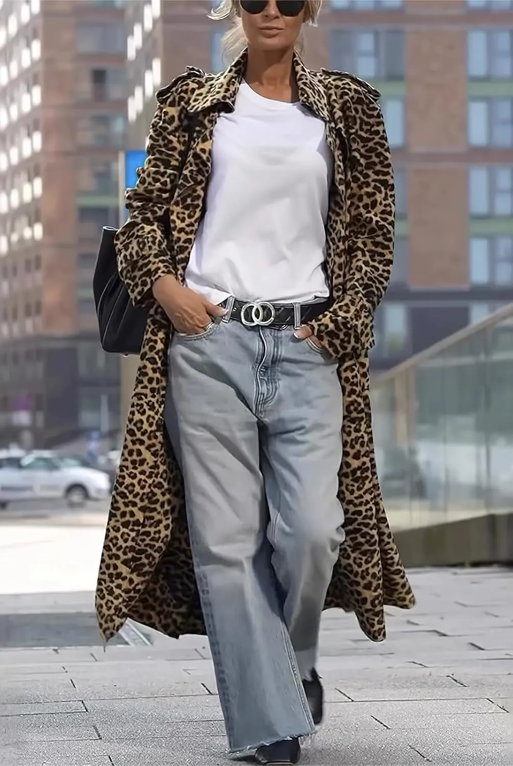 ebossy Women's Fashion Lapel Leopard Print Duster Trench Coat Open Front Slouchy Loose Wool Mid Long Peacoat