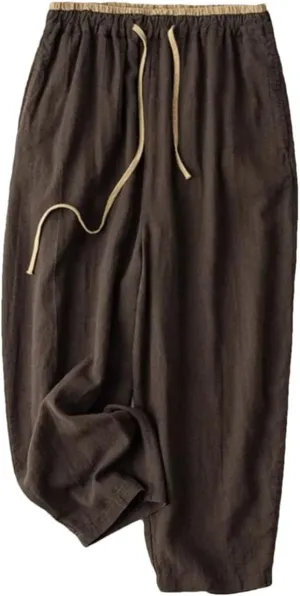 Elastic Drawstring Waist Casual Pants Cotton Linen Loose Harem Pants All-Match Wide-Leg Pants