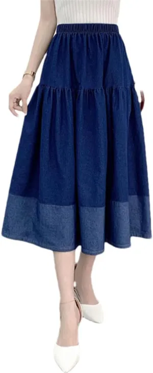 ERFMFKL Denim Tiered Midi Skirt Casual High Waisted Washed Loose Patchwork Long Cake Jeans Skirts