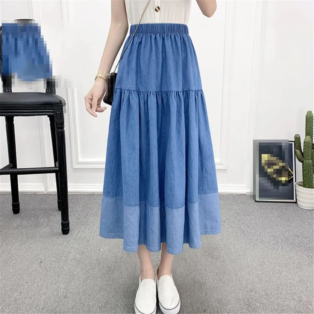 ERFMFKL Denim Tiered Midi Skirt Casual High Waisted Washed Loose Patchwork Long Cake Jeans Skirts