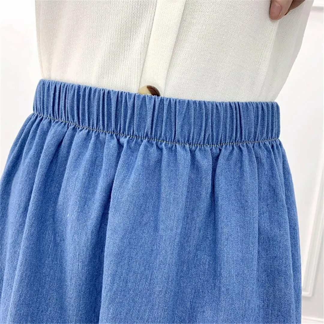 ERFMFKL Denim Tiered Midi Skirt Casual High Waisted Washed Loose Patchwork Long Cake Jeans Skirts