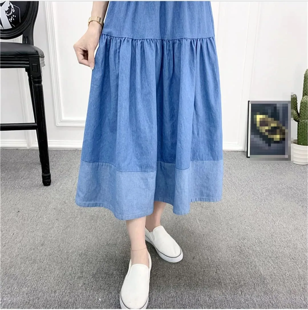 ERFMFKL Denim Tiered Midi Skirt Casual High Waisted Washed Loose Patchwork Long Cake Jeans Skirts