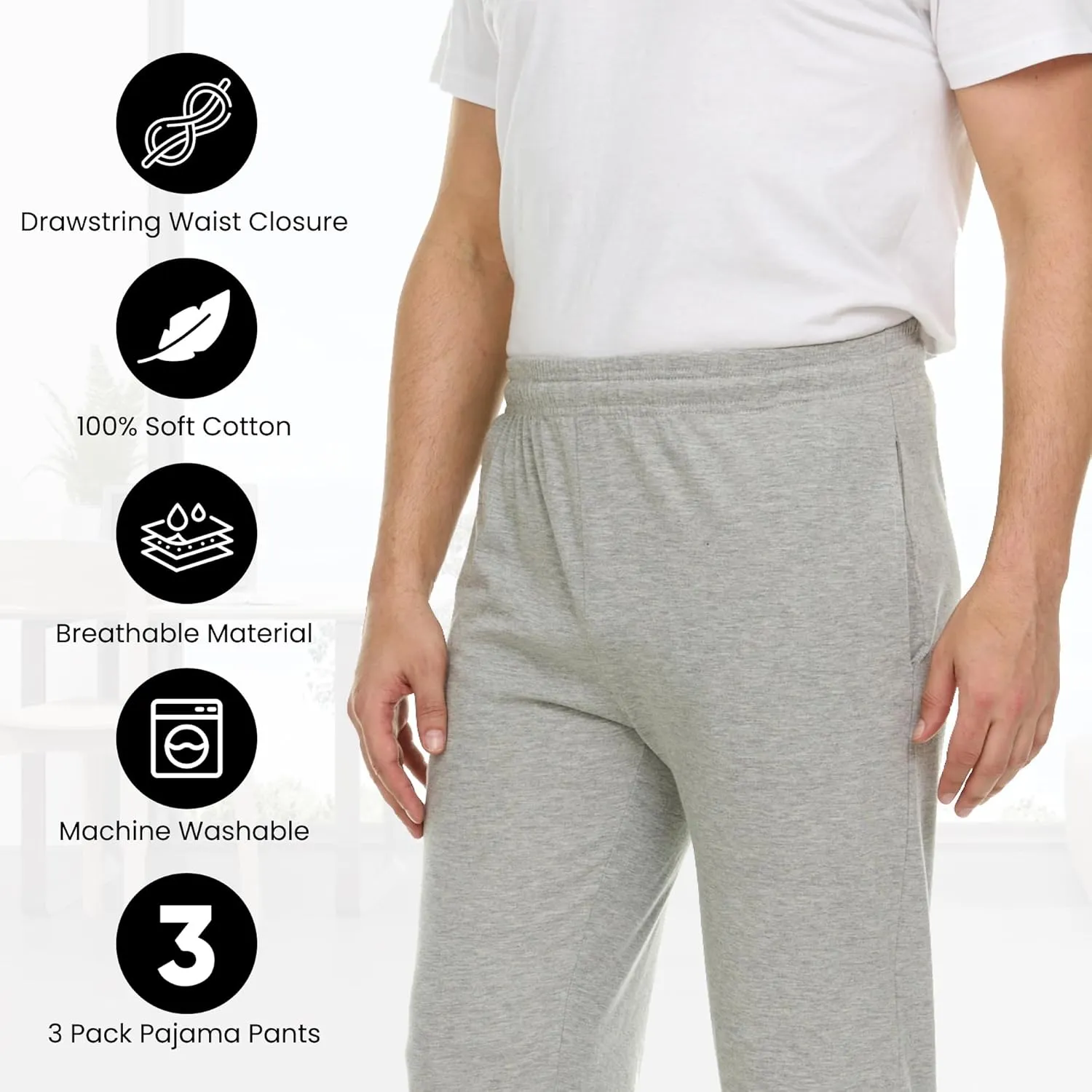 Essential Elements Men's 100% Cotton Jersey Active Lounge Sleep Pajama Pants for Men - 3 Pack
