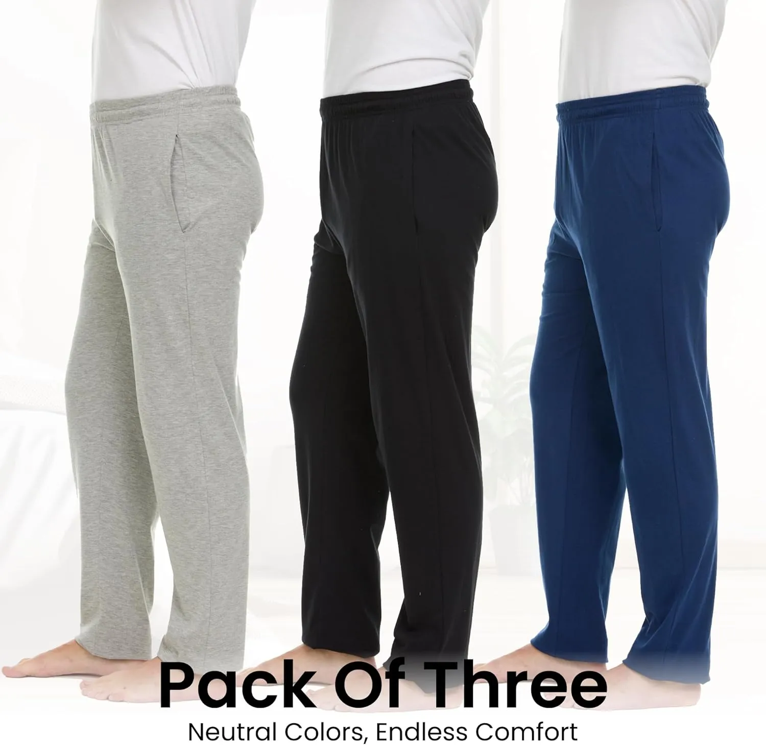 Essential Elements Men's 100% Cotton Jersey Active Lounge Sleep Pajama Pants for Men - 3 Pack