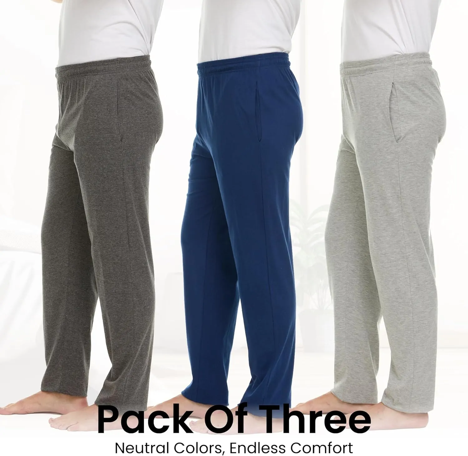 Essential Elements Men's 100% Cotton Jersey Active Lounge Sleep Pajama Pants for Men - 3 Pack
