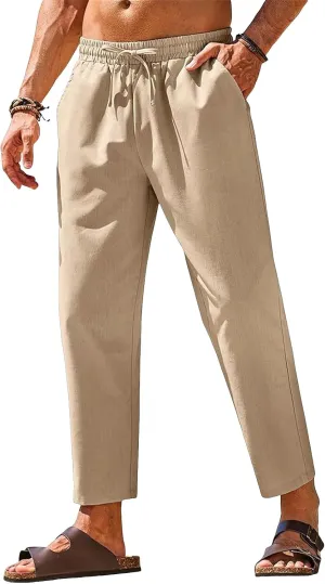 evzosrz Casual Beach Pants for Men Cotton Linen Summer Fashion Lightweight Yoga Trousers Drawstring Elastic Waist Lounge Pant