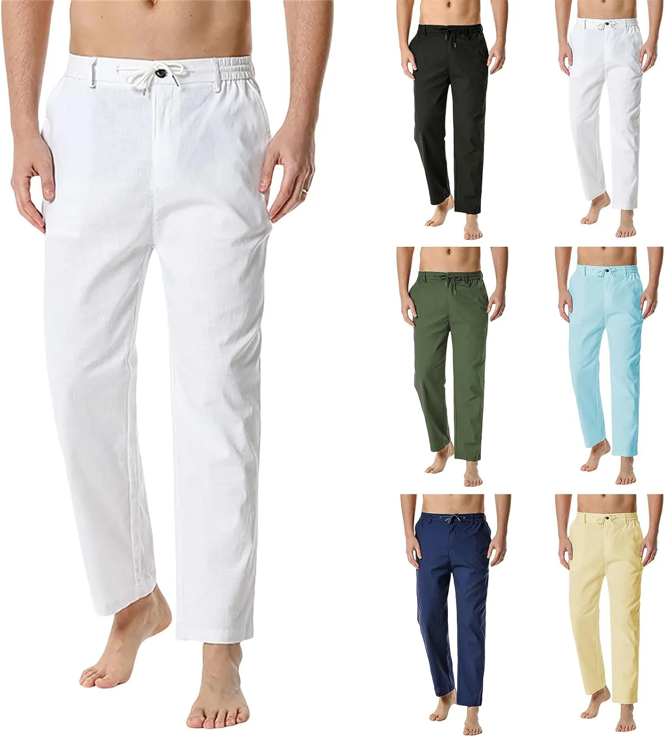 evzosrz Cotton Linen Lounge Pants Mens Casual Twill Drawstring Elastic Waist Chino Pants Loose Hippie Yoga Beach Pants