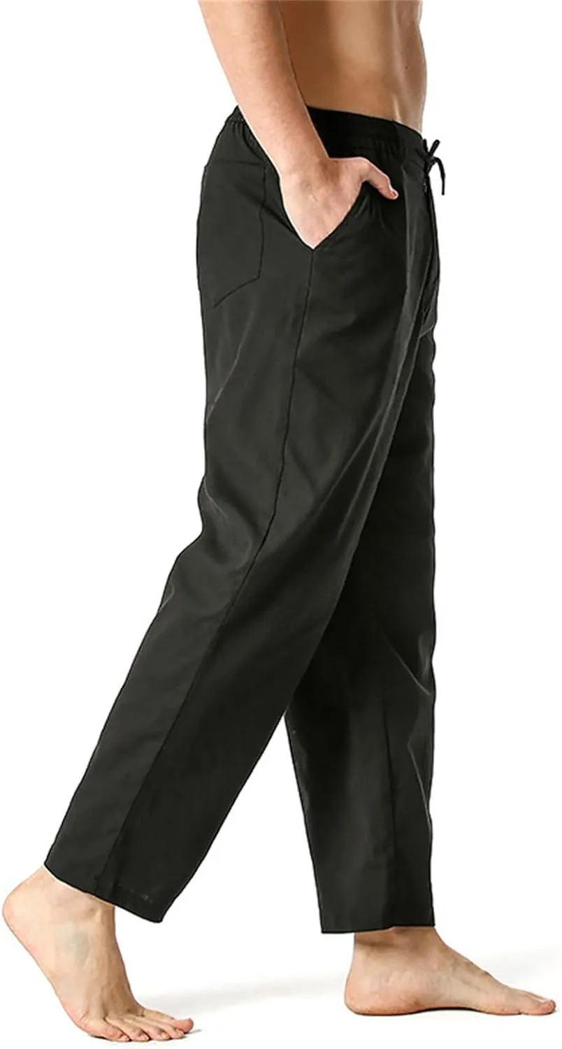 evzosrz Cotton Linen Lounge Pants Mens Casual Twill Drawstring Elastic Waist Chino Pants Loose Hippie Yoga Beach Pants