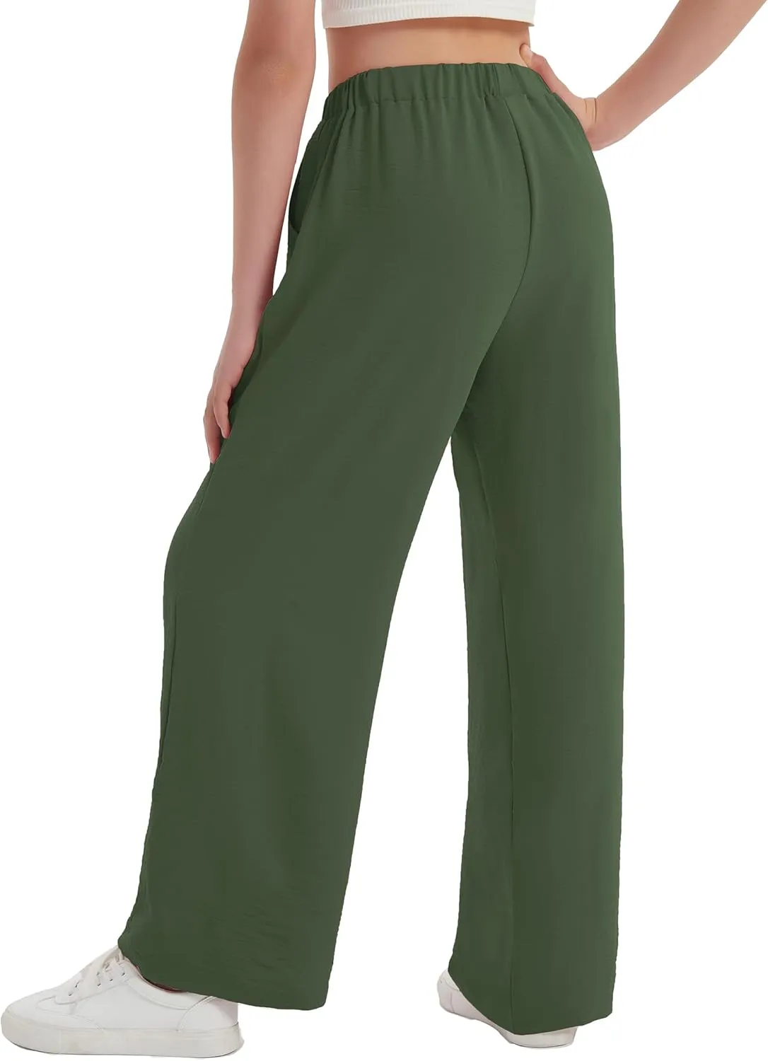 EXARUS 3 Pack Girls Wide Leg Pants Loose Trousers Linen Flowy with Pockets Elastic Waist Casual for Kids 6-12Y