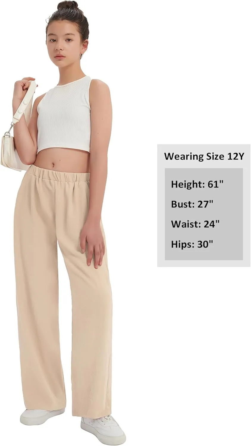 EXARUS 3 Pack Girls Wide Leg Pants Loose Trousers Linen Flowy with Pockets Elastic Waist Casual for Kids 6-12Y