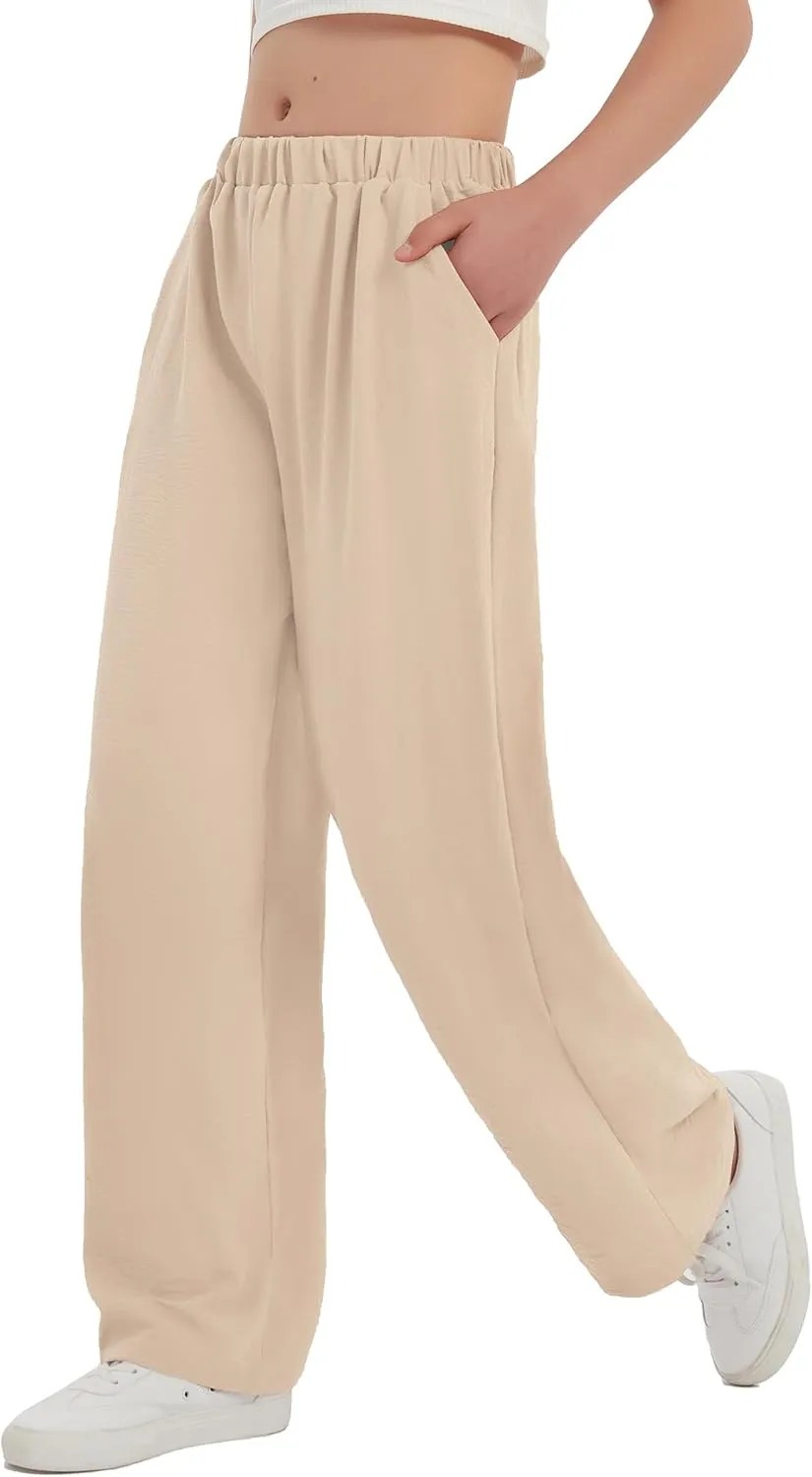 EXARUS 3 Pack Girls Wide Leg Pants Loose Trousers Linen Flowy with Pockets Elastic Waist Casual for Kids 6-12Y
