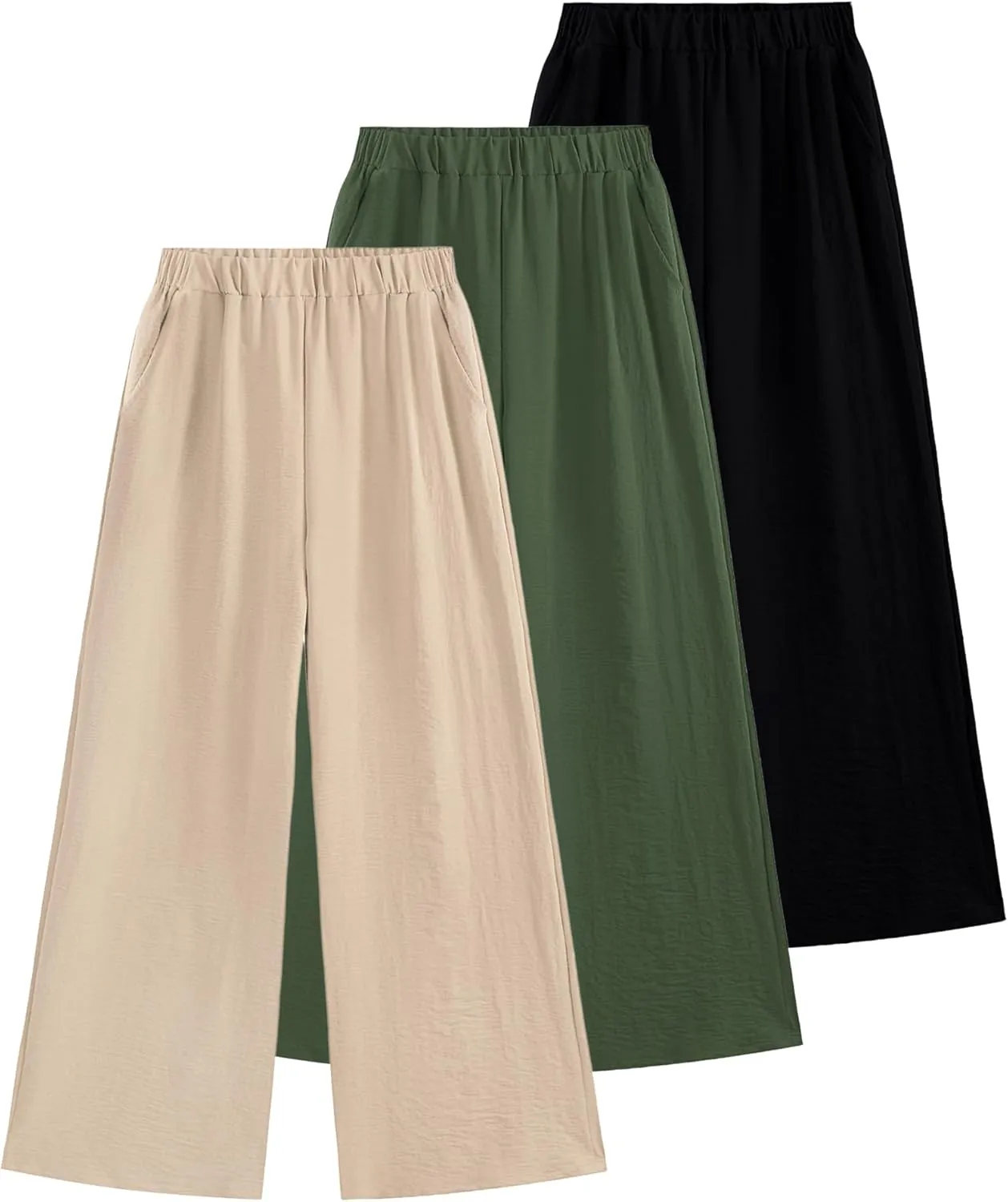 EXARUS 3 Pack Girls Wide Leg Pants Loose Trousers Linen Flowy with Pockets Elastic Waist Casual for Kids 6-12Y