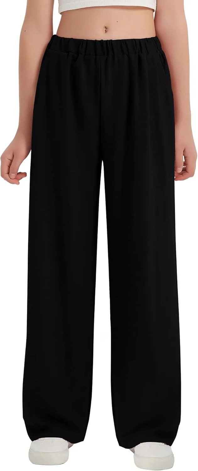 EXARUS 3 Pack Girls Wide Leg Pants Loose Trousers Linen Flowy with Pockets Elastic Waist Casual for Kids 6-12Y