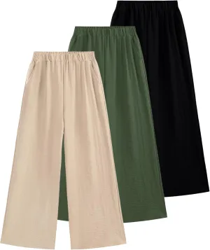EXARUS 3 Pack Girls Wide Leg Pants Loose Trousers Linen Flowy with Pockets Elastic Waist Casual for Kids 6-12Y