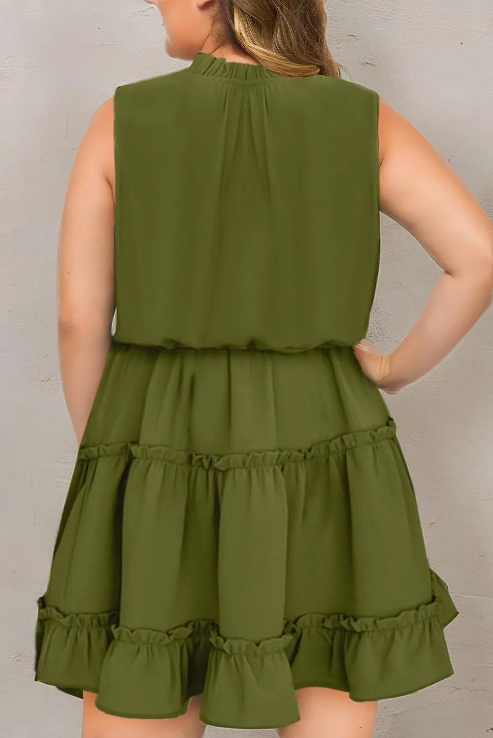 Eytino Womens Plus Size Sleeveless V Neck Drawstring Ruffle Tiered Chiffon Mini Short Dresses,(1X-5X)