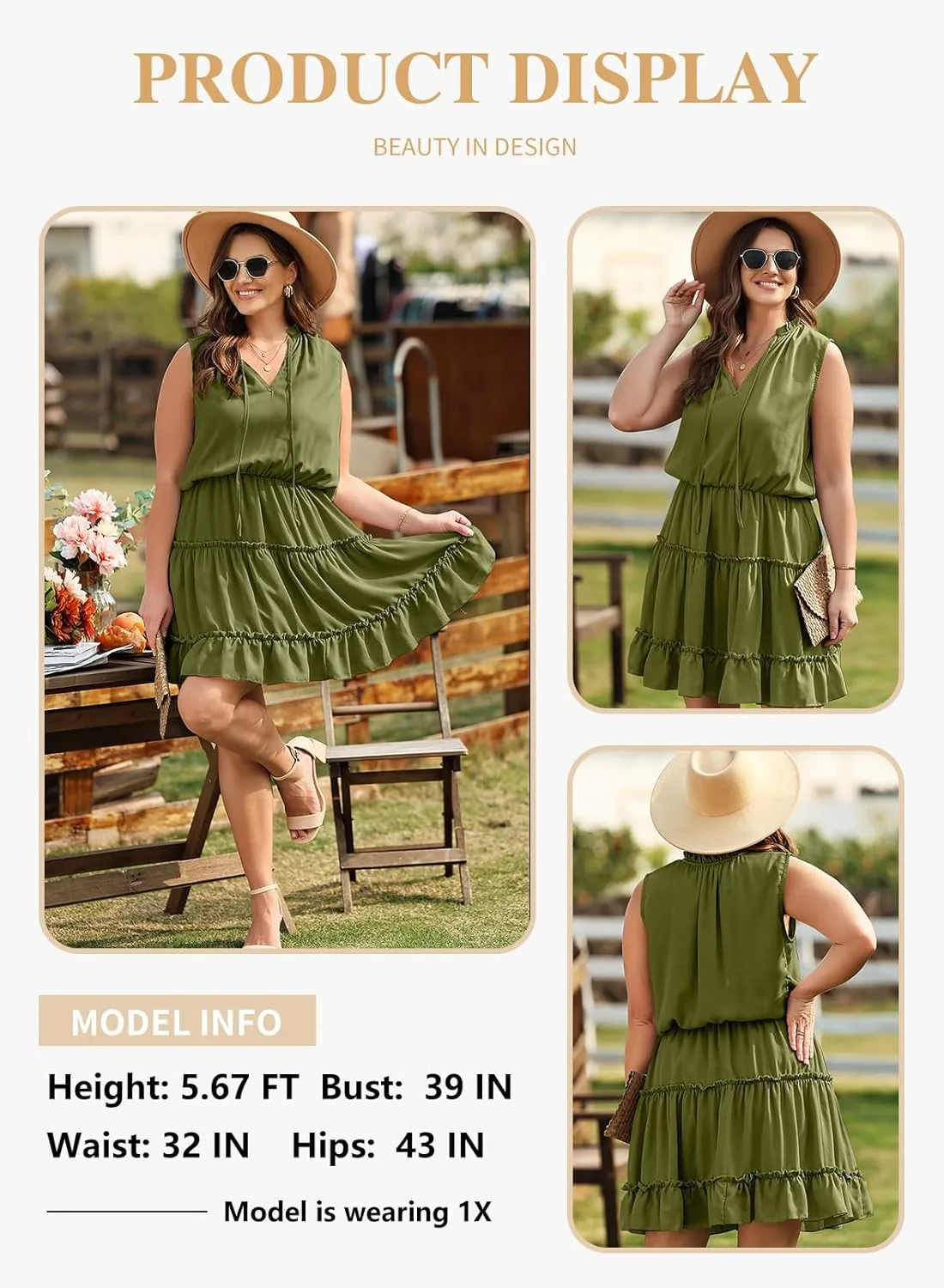 Eytino Womens Plus Size Sleeveless V Neck Drawstring Ruffle Tiered Chiffon Mini Short Dresses,(1X-5X)
