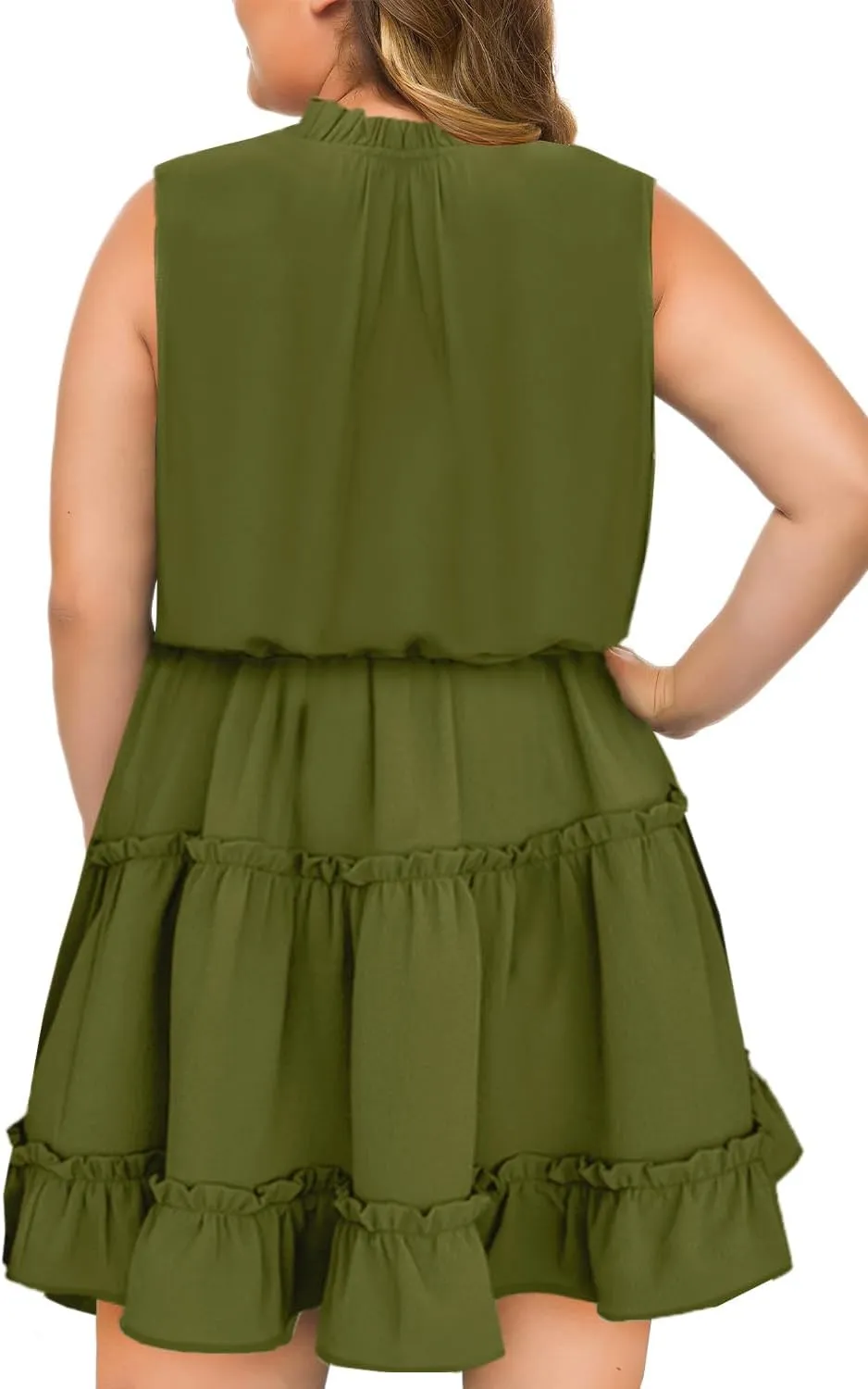 Eytino Womens Plus Size Sleeveless V Neck Drawstring Ruffle Tiered Chiffon Mini Short Dresses,(1X-5X)