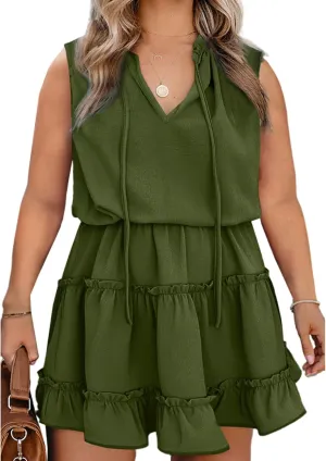 Eytino Womens Plus Size Sleeveless V Neck Drawstring Ruffle Tiered Chiffon Mini Short Dresses,(1X-5X)