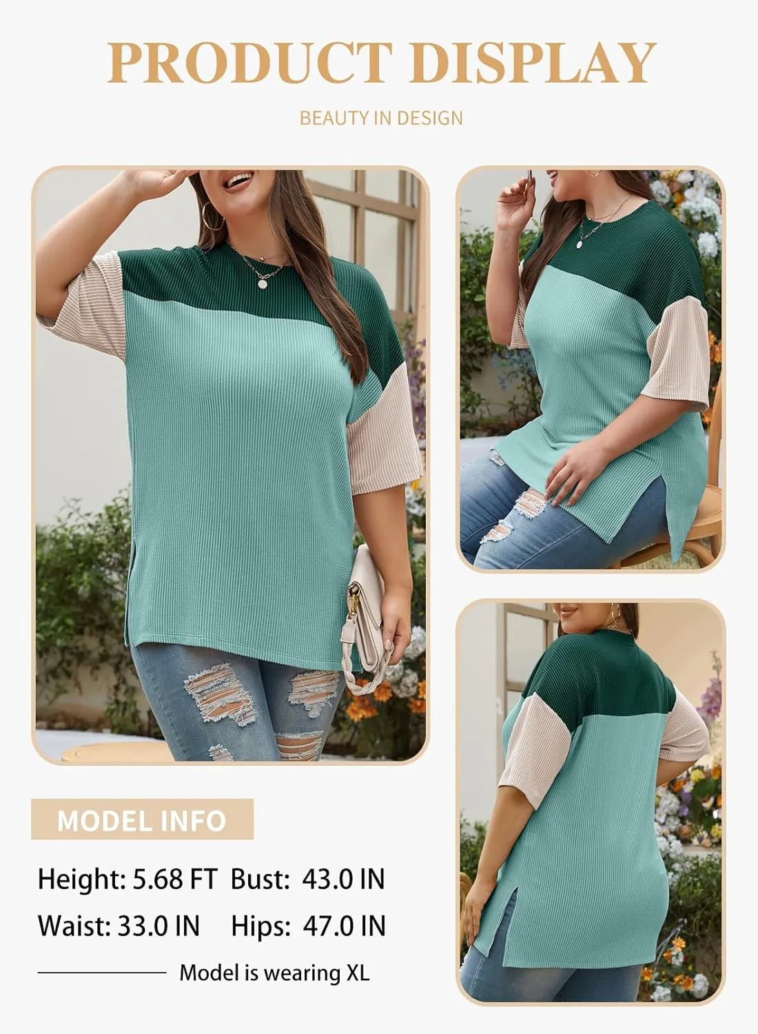 Eytino Womens Plus Size Tunic Tops Crewneck Short Sleeve Color Block Pullover Shirts (1X-5X)
