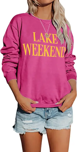 Ezcosplay Women Cute Lake Weekend Sweatshirt Letter Print Shirts Casual Loose Pullover Tops