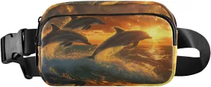 Fanny Pack Water Sunset Dolphin Print Water Resistant Waist Pack Sling Bag Purse for Women Men