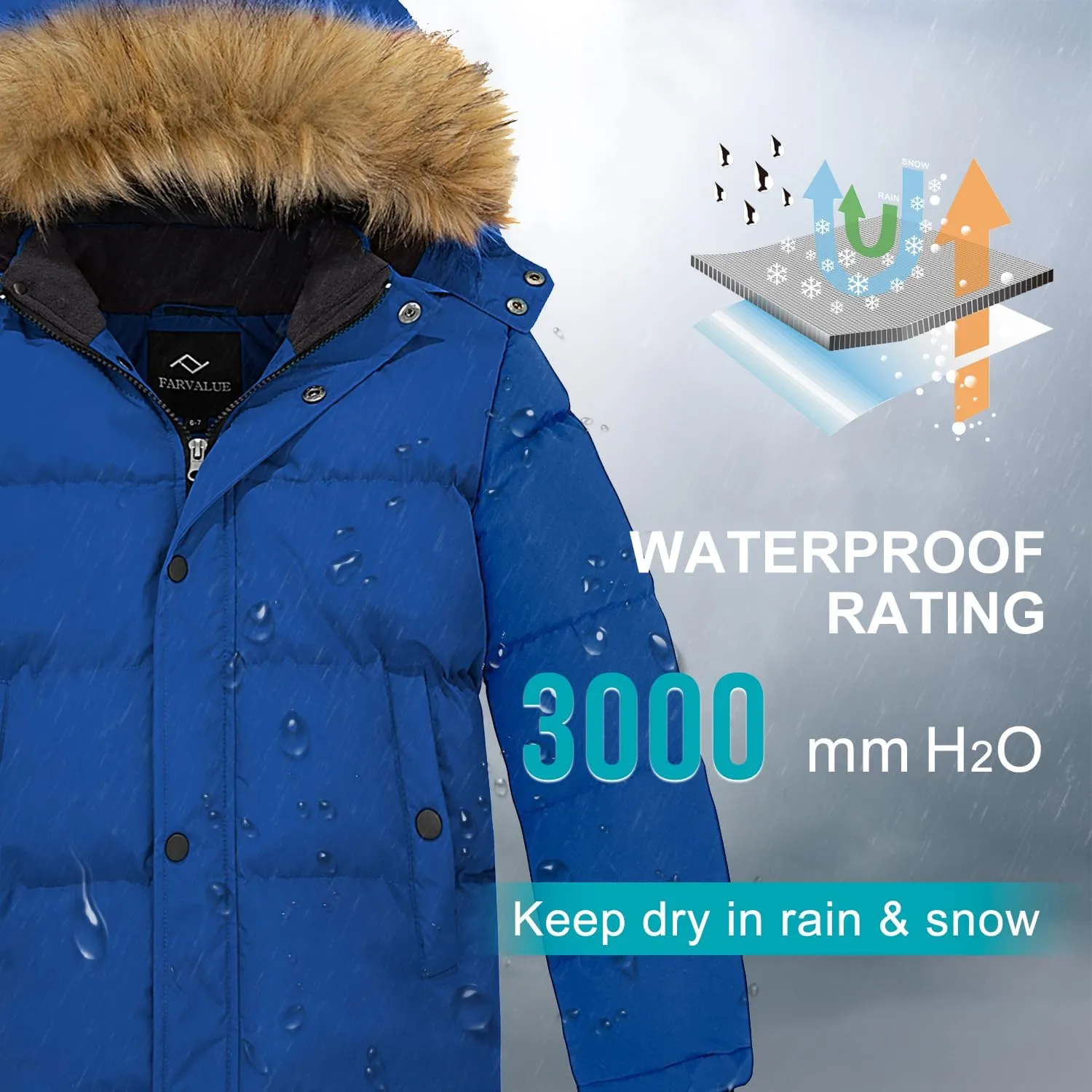 FARVALUE Boys Water Resistant Winter Coat Warm Quilted Puffer Jacket Hooded Parka Thicken Down Jacket for Boys