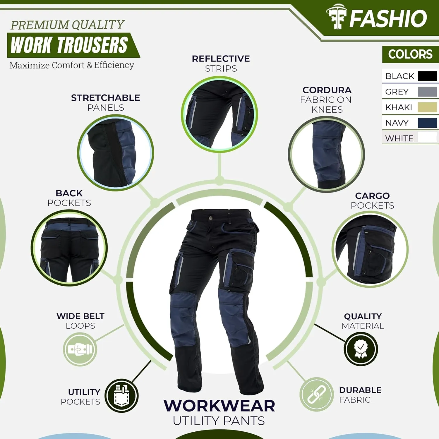 FASHIO FF Mens Construction Pants Utility Work Heavy Duty Workwear Trousers Carpenter Knee Reinforcement Cordura Safety Pants