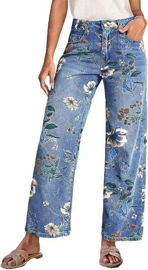 Flamingals High-Rise Vintage Floral Straight Leg Pants for Women Summer Casual Denim Pants