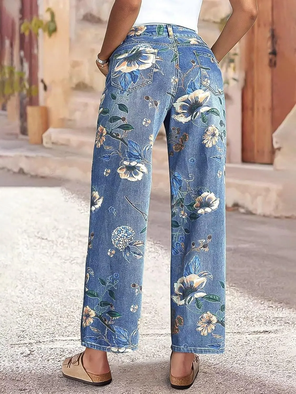 Flamingals High-Rise Vintage Floral Straight Leg Pants for Women Summer Casual Denim Pants