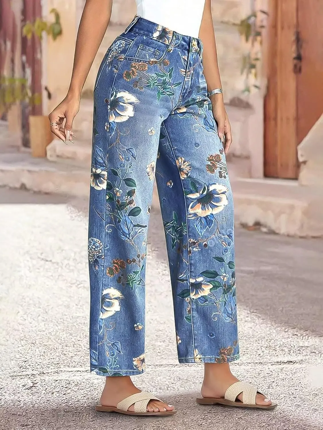 Flamingals High-Rise Vintage Floral Straight Leg Pants for Women Summer Casual Denim Pants