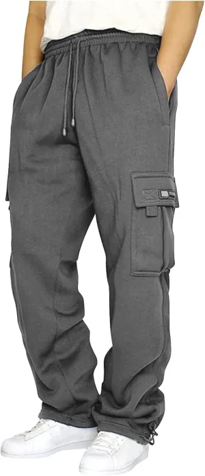 Fleece Baggy Sweatpants for Men, Straight Leg Cargo Sweatpants with Pockets, Loose Elastic Waist Drawstring Jogger Pants
