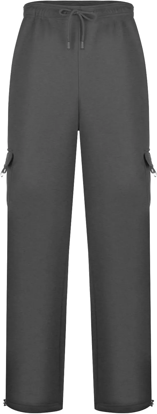 Fleece Baggy Sweatpants for Men, Straight Leg Cargo Sweatpants with Pockets, Loose Elastic Waist Drawstring Jogger Pants