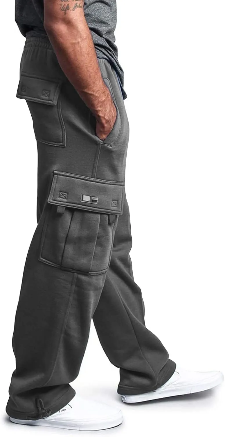 Fleece Baggy Sweatpants for Men, Straight Leg Cargo Sweatpants with Pockets, Loose Elastic Waist Drawstring Jogger Pants
